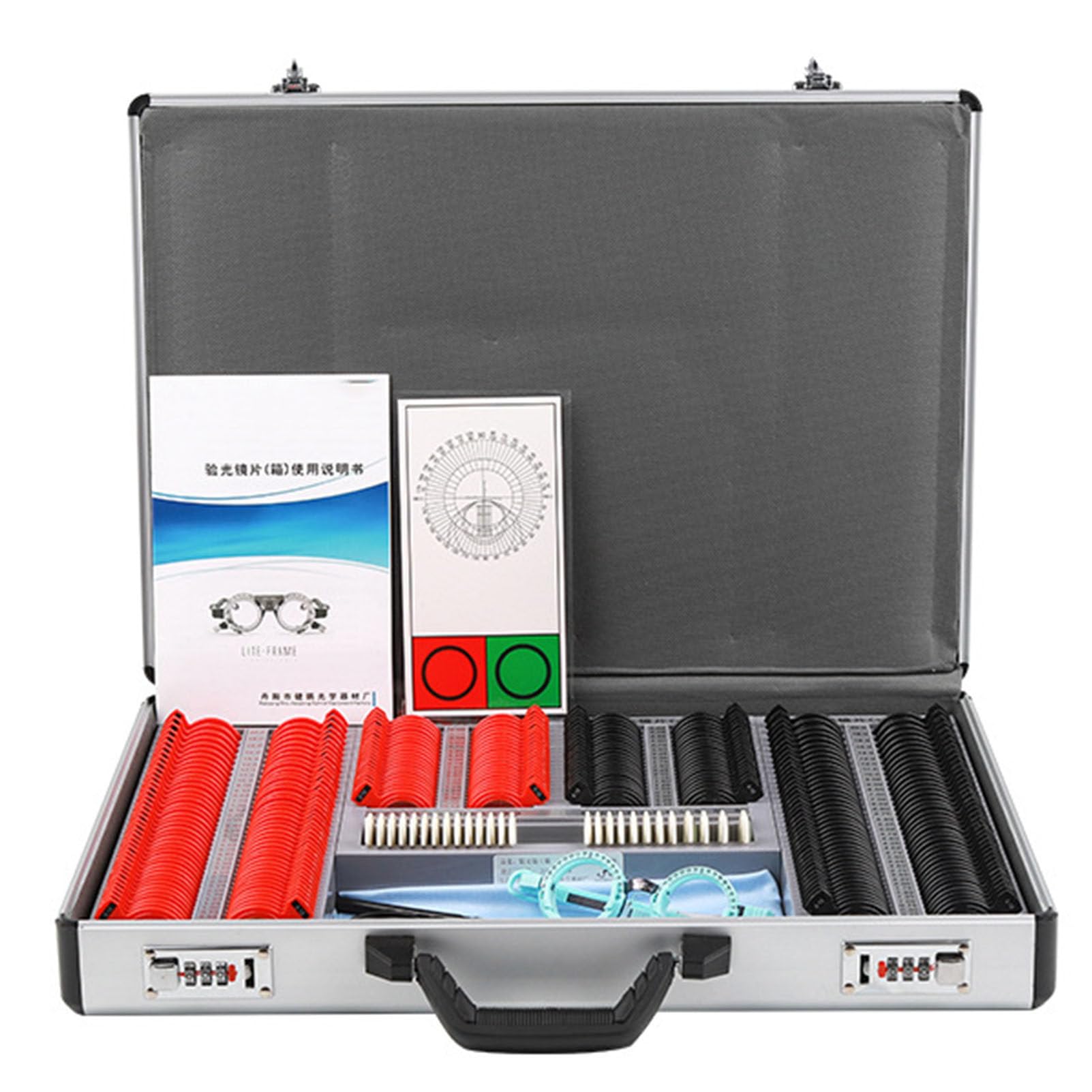 Ensemble de lentilles d'essai optiques pour optométrie professionnelle, comprenant un étui en aluminium durable et une monture d'essai ajustable, équipement essentiel pour des examens de la vue p