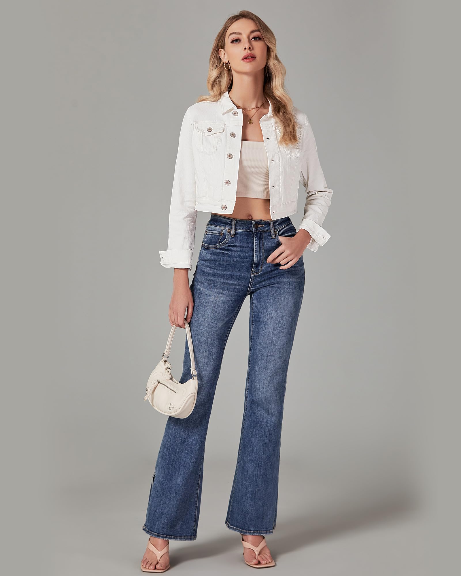 Roskiky Cropped Jean Veste pour femme Fashion Short Denim Shacket Veste légère stretch avec poches