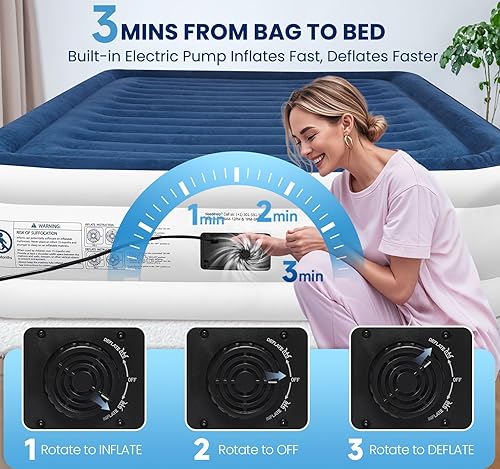 Miniatura 6 de KINGJERRY Colchón de aire Queen con bomba incorporada, colchón inflable cómodo elevado de 18 pulgadas, colchón inflable mejorado de doble capa a