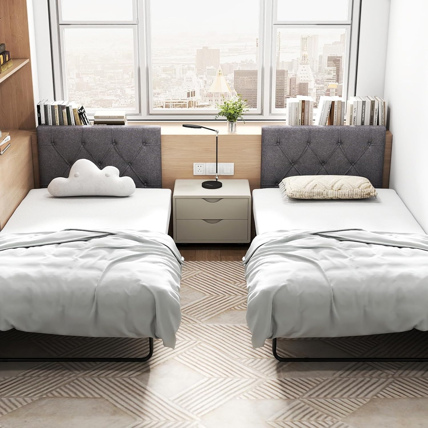 KOMFOTT Wall-Mounted Headboard for Twin/Queen Size Bed, Linen Fabric Upholstered Headboard with Adjustable Height, Modern Button-Tufted Padded Headboard for Bedroom, Wall-Mounted Kits Included, Grey