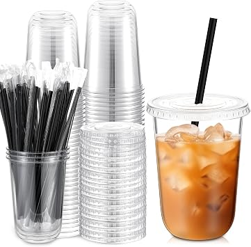 Ziliny 50 Set Clear Plastic Cups with Lids and Straws, PET Disposable Iced Coffee Cups for Drinking Cold Beverage Juice Parfait Smoothie Milkshake Shop Party Supplies Clear Cup,Black Straw,16 oz