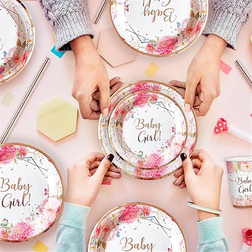 Miniatura 5 de Decoraciones de baby shower para niñas, platos de baby shower, tazas y servilletas para 24 invitados, 168 piezas de platos de papel de fiesta floral