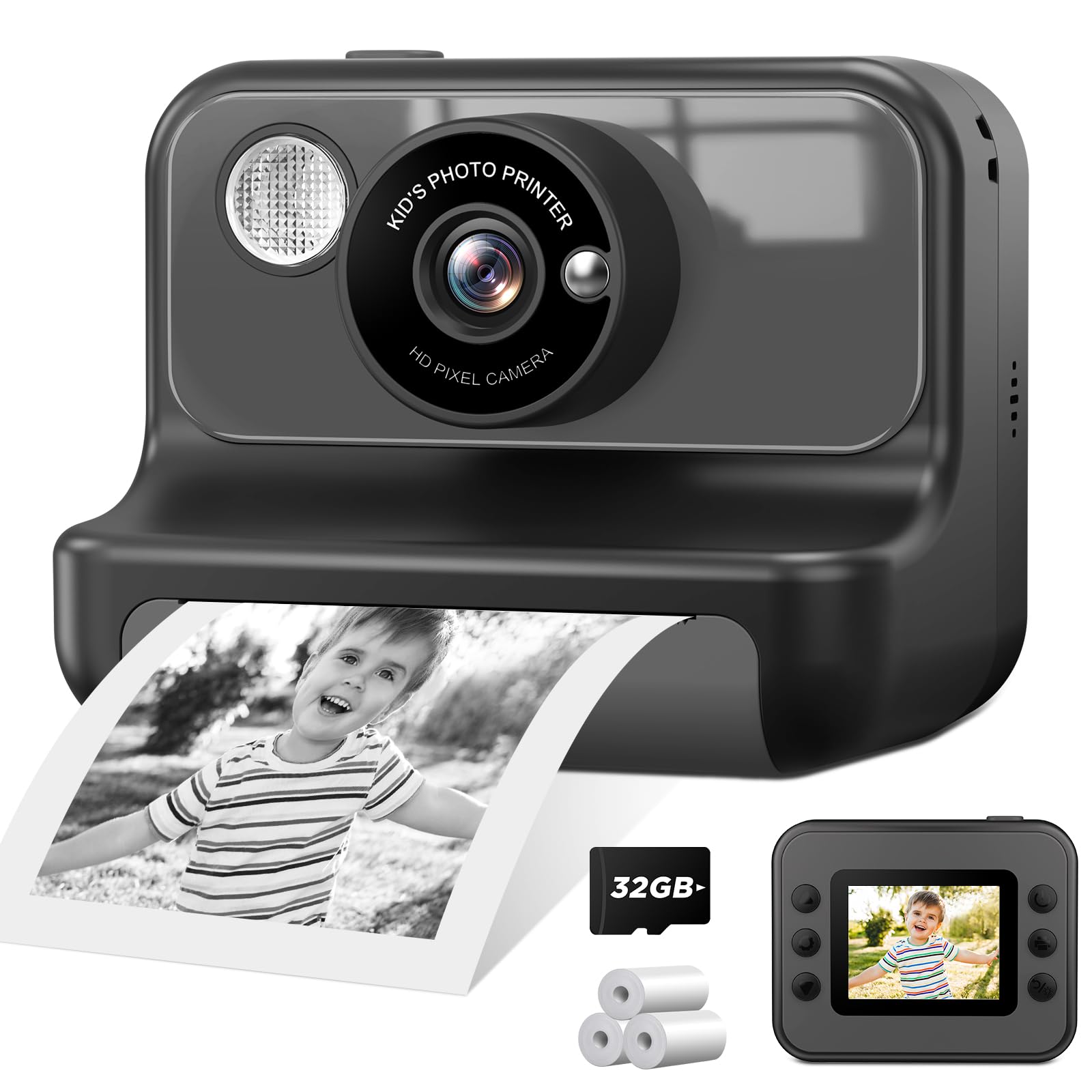 Kids Camera Instant Print, 1080P Video Instant Cameras for Kids, Christmas Birthday Gifts Toys Camera for Toddler Girls Boys Age 3-12-Black