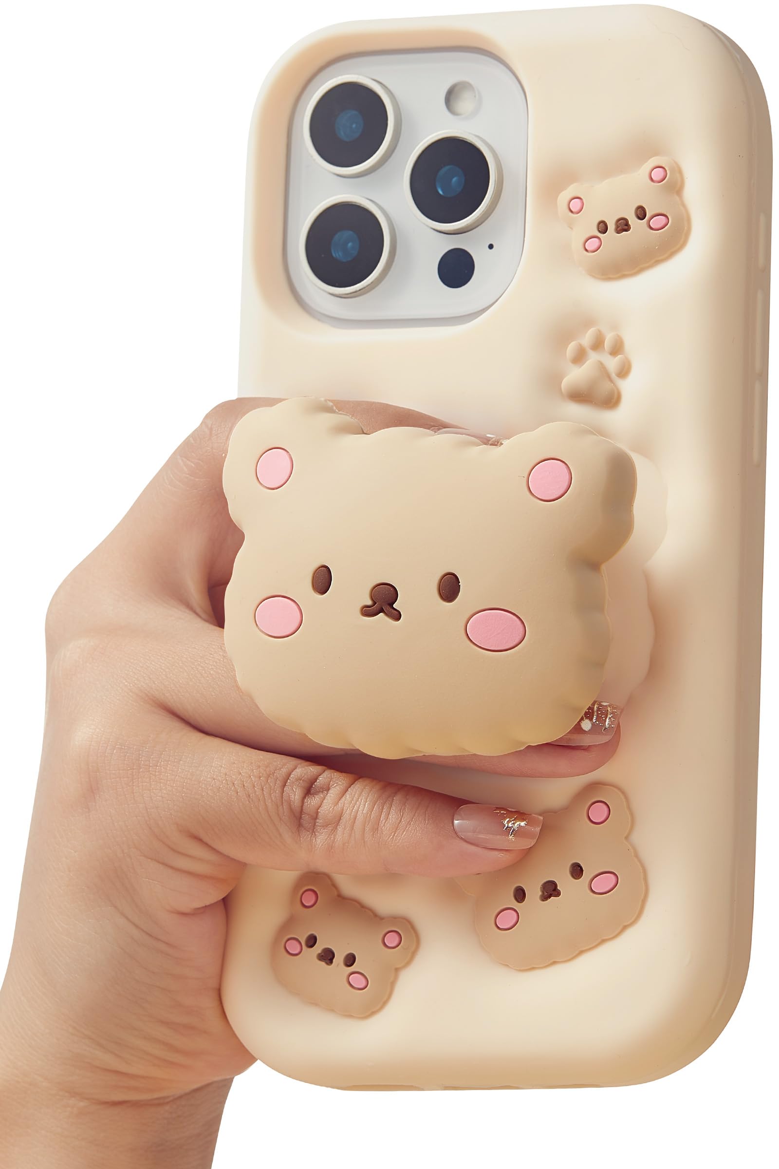 TUFTA Kawaii 3D Teddy Bear Phone Case for iPhone 11 (with Retractable Phone Stand & Grip) Cute Girly Cartoon Soft Silicone Phone Cover for Girls, Kids
