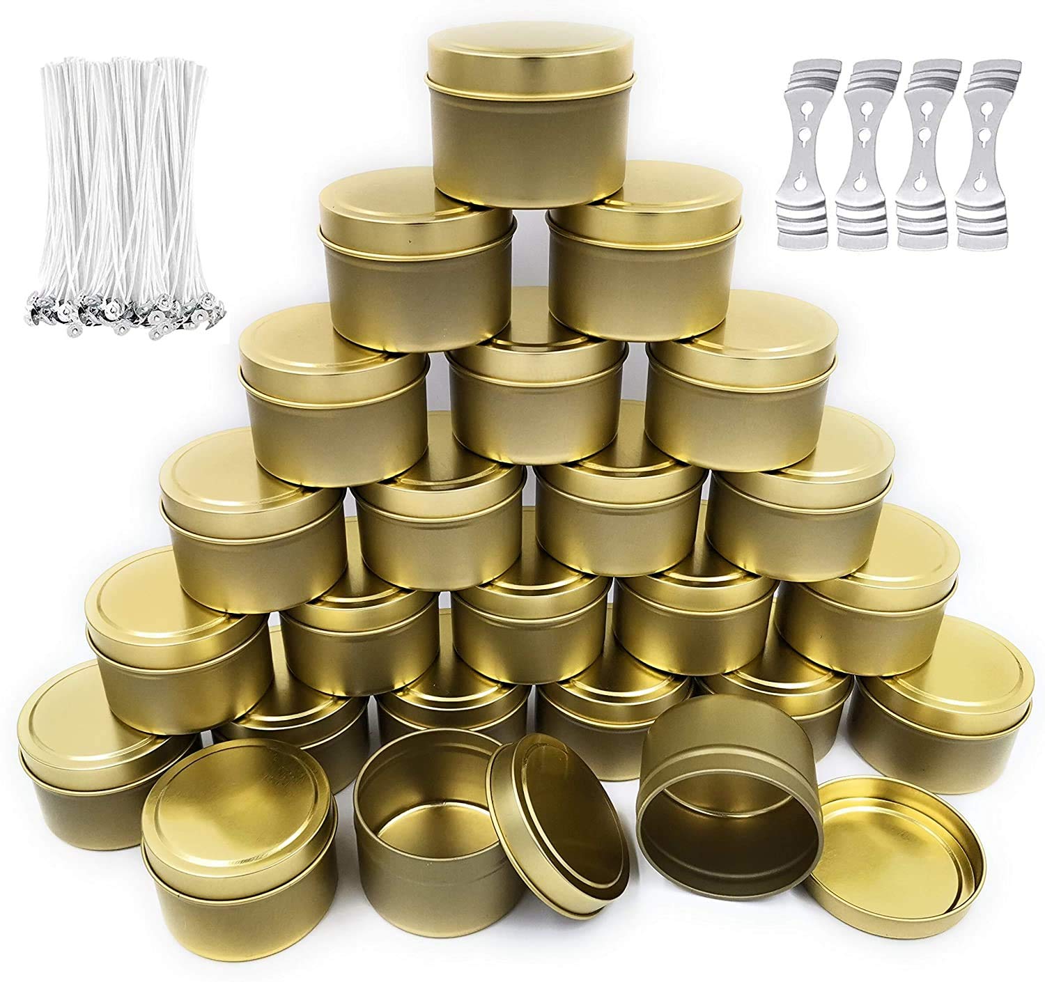 NRANSON Słoiki na świece do robienia świec, zestawy do produkcji świec zawierają 24 opakowania 127 ml metalowe świece z pokrywkami, 50 knotów bawełny, 40 naklejek z knotami, 4 uchwyty na knoty, DIY zestaw upominkowy do samodzielnego wykonania świec (złoty