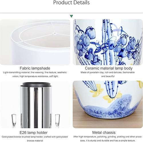 Miniatura 3 de Lámpara de Mesa - Lámpara de mesa con pintura de tinta azul, cuerpo de lámpara de cerámica blanca vintage con pantalla de tela, líneas pintadas a