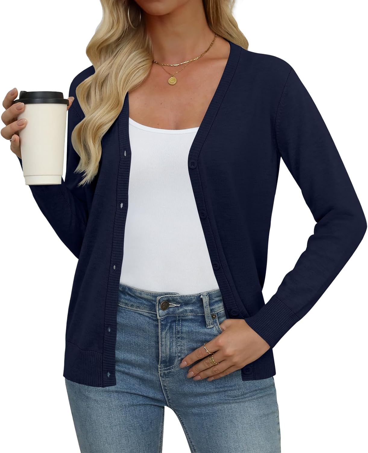 Yincro Womens Cardigan Lightweight Button Down Long Sleeve Knit V-Neck Soft Basic Cardigans Sweater - Image 2