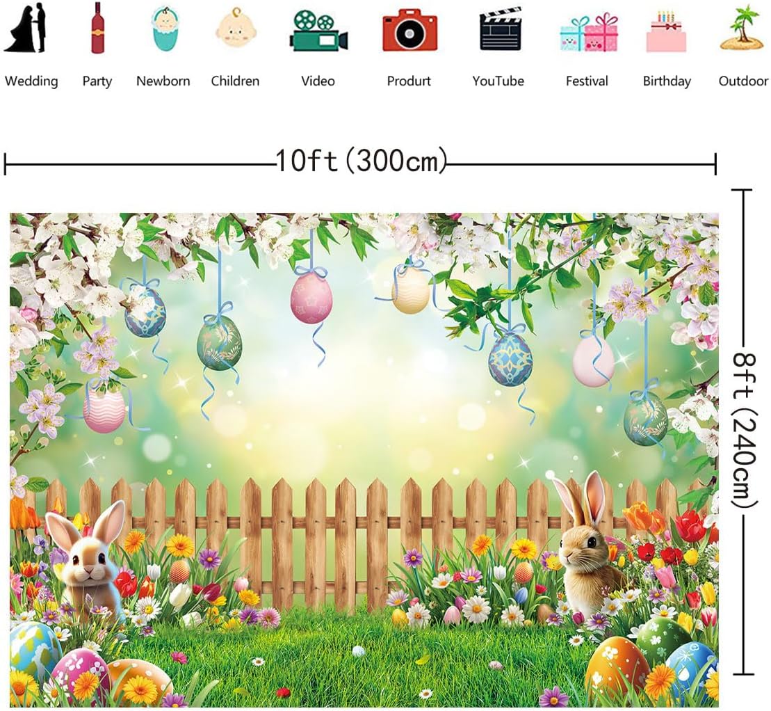 Easter Backdrops for Photography 10x8FT Spring Flower Grass Bunny Easter Colorful Egg Bokeh Background Spring Newborn Portrait Party Decorations Photo Props