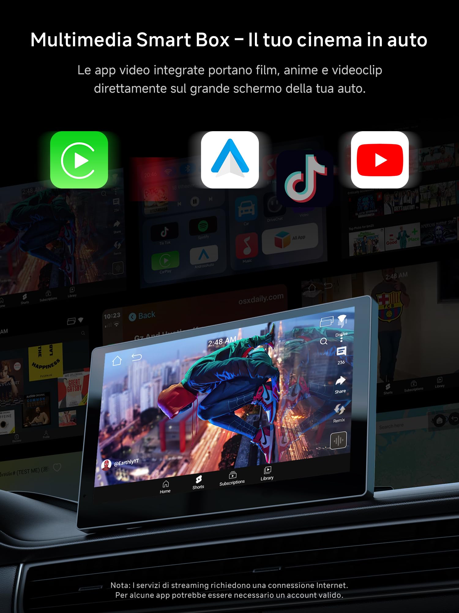 Adattatore CarPlay Wireless Android Auto, AI Box Video 3 in 1 per Cavo OEM CP/AA, Doppio WiFi e Hub Bluetooth IoT, per Netflix/YouTube/TikTok/TF Scheda, DriveChat AI Voice, CB4B