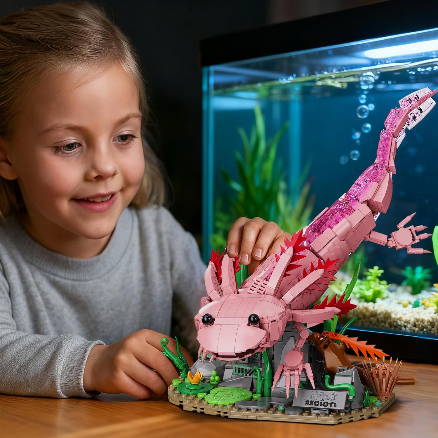 Axolotl Zestaw klocków zaciskowych, 998 części, zwierzęta morskie, zabawka do budowania, z podstawą, ruchome stawy, zestaw modelarski STEM dla dorosłych, młodzieży