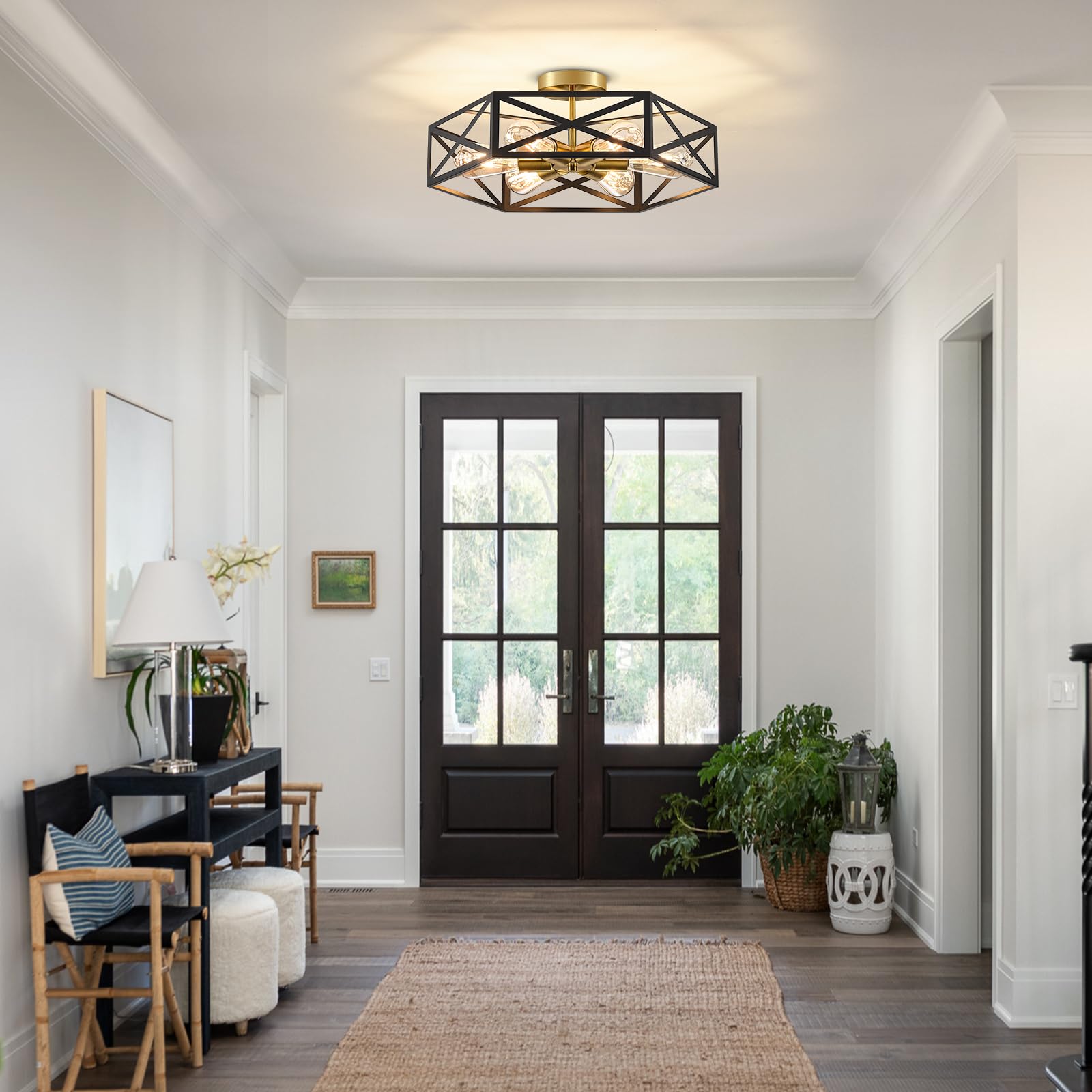 Lampada a Soffitto Vintage Nera e Oro 6 Luci E27, Stile Industriale Semincassata, Struttura in Metallo, Design a Gabbia Moderno per Cucina, Ingresso, Camera da Letto, Soggiorno