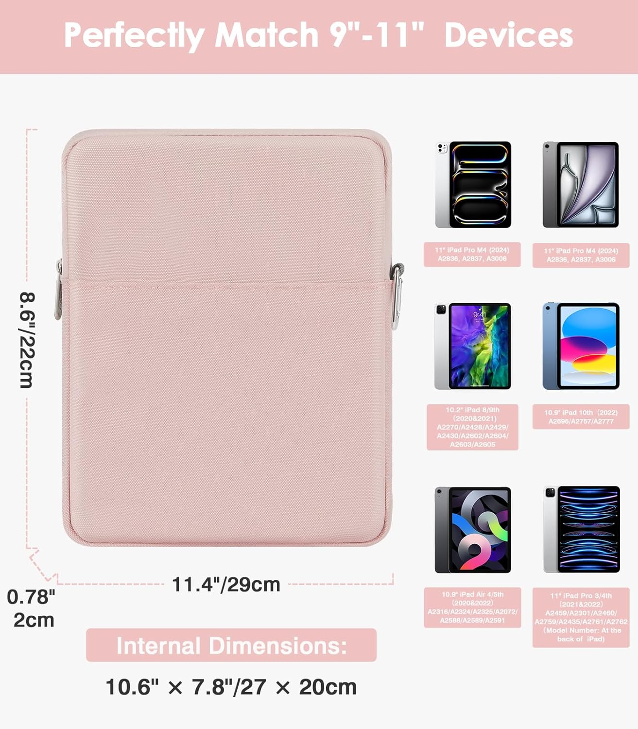 MoKo 9-11 Inch Tablet Sleeve Bag Carrying Case Fits New 11-inch iPad Pro M4/iPad Air M2 2024, Air 5/4/3 10.9"/10.5", Pro 11 M2, i-Pad10th 10.9, i-Pad9/8th Gen 10.2, Tab S8/S9 11", Pink - Image 2