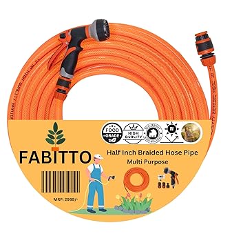 FABITTO Garden Hose Pipe Braided || 30 meters 1/2 inch With 8 Pattern Speyer Nozzle and Quick Snap-in Connectors || Easy to Connect, Garden, Car Wash, Floor Clean, Pet Bath ( 1/2INCH 30 METERS ORANGE )