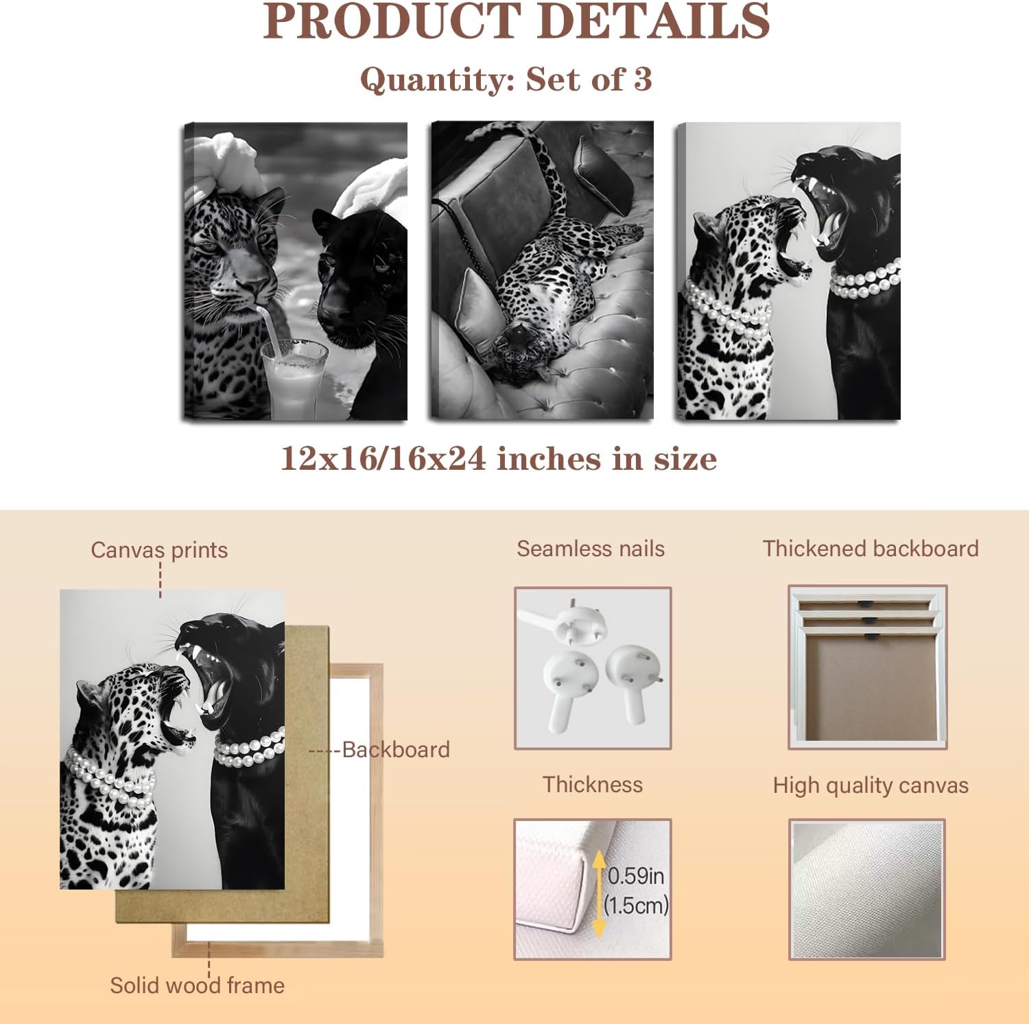 Black and White Cheetah Canvas Wall Art Fashion Cheetah Drinking Cocktail Vintage Trendy Wild Leopard Painting Picture Wall Decor for Apartment Poster Bedroom Living Room Corridor Home Decoration