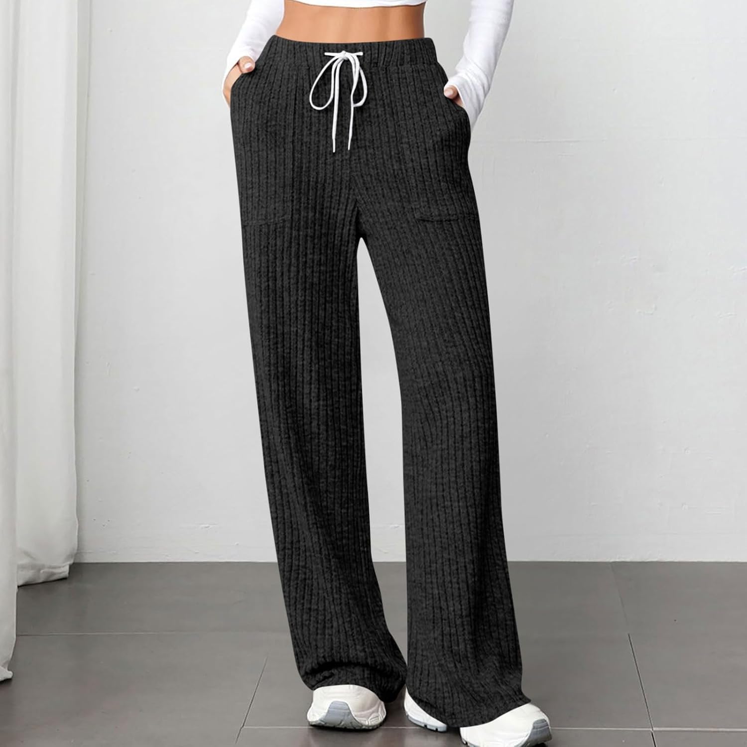 Women's Wide Leg Lounge Yoga Pants Baggy Sweatpants Ribbed Knit High Waisted Comfy Workout Pants Soft Trousers