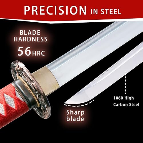 Vista 12 de Handmade Sharp Katana, Traditional Clay Tempered 1060 Steel 56HRC Katana Sword, Full Tang Authentic Japanese Craft Samurai Sword Brown,Blue,Blue