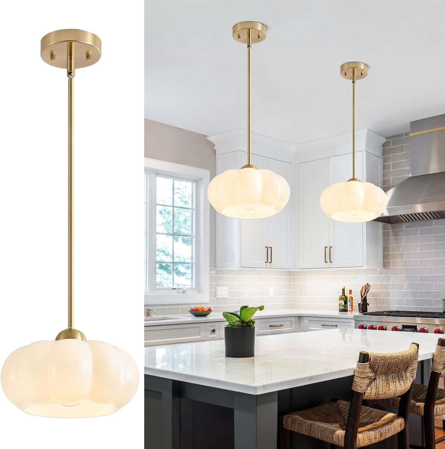 White Milk Glass Pendant Light Chandelier, 9.8" Hanging Mid Century Modern Ceiling Light Fixture, Adjustable Gold Vintage Chandelier for Dining Room Bedroom Hallway Foyer