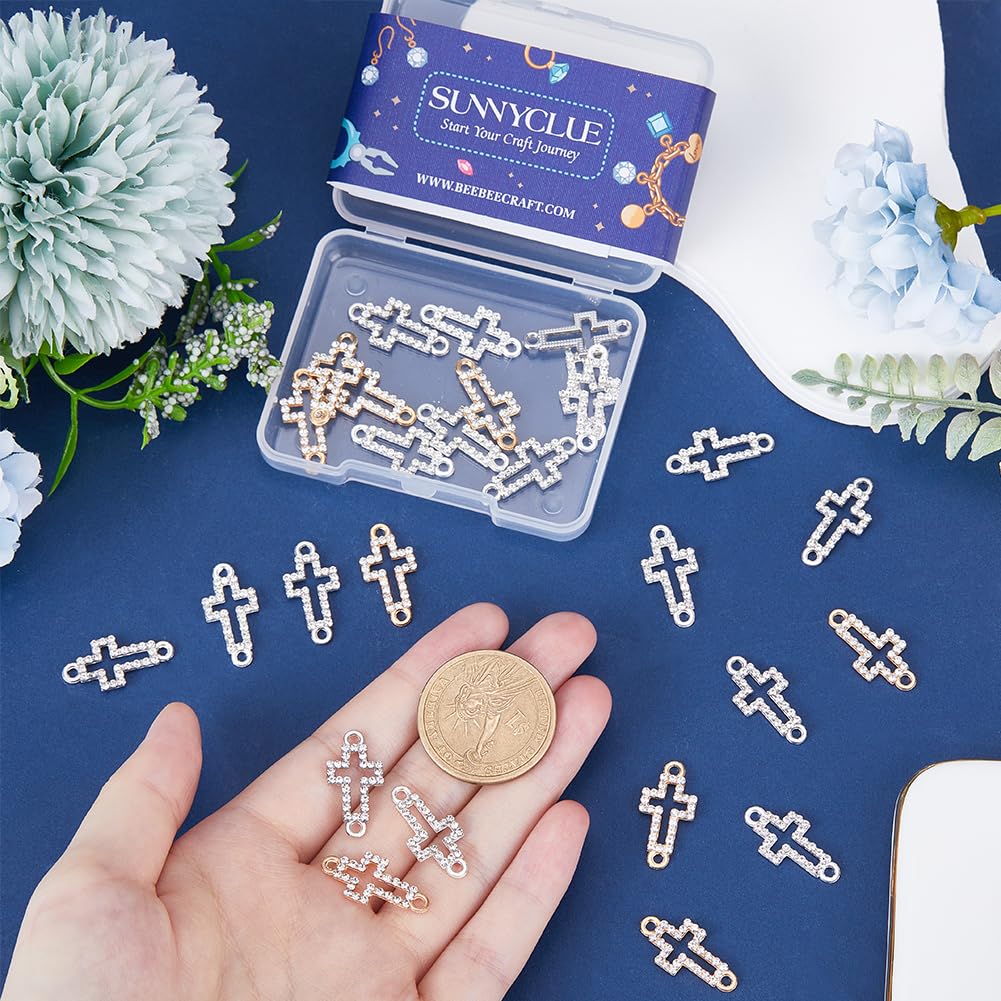 SUNNYCLUE 1 BOX 30PCS Mini Rshinestone Cross Charms Metal Crucifix Connector Hollow Links Rosary Alloy Golden Silver Shiny Small Charm for jewellery Making Charms Earrings Necklace Bracelets Diy Craft - Image 3