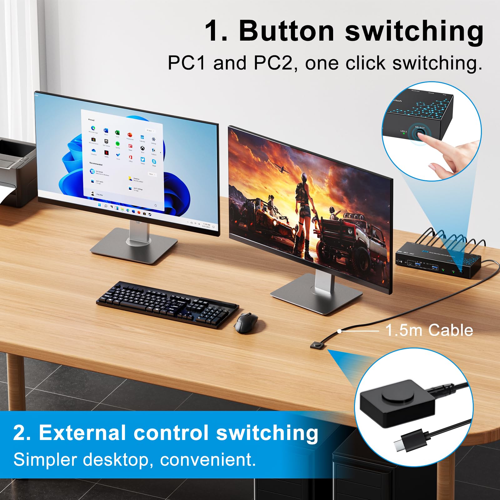 Conmutador KVM 2 computadoras 2 monitores HDMI, 8K 60Hz 4K120Hz 2 puertos Dual Monitor KVM Switches para 2 PC Share 2 Display y cuatro dispositivos USB 3.0