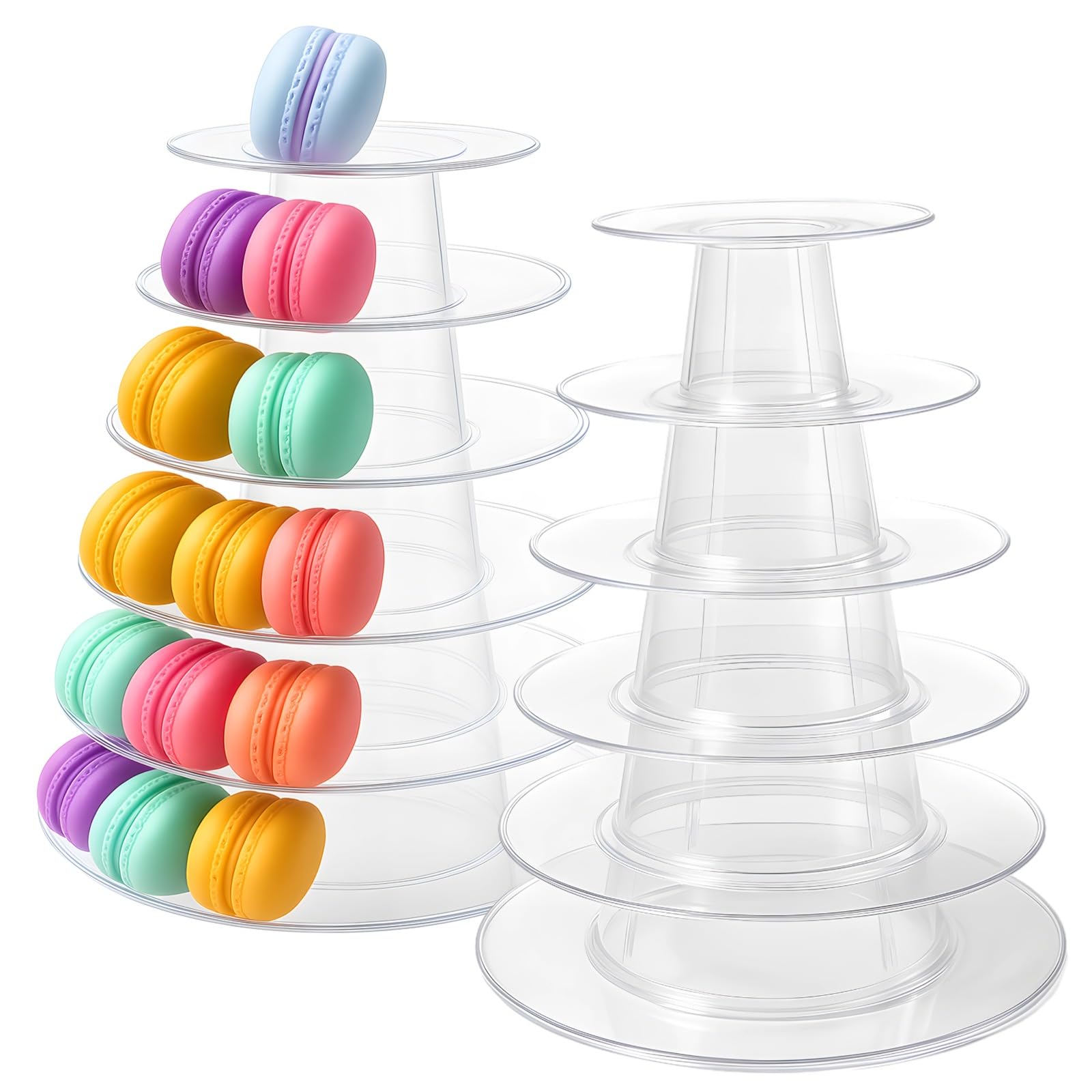 6-Tier Macaron Display Tower, Multi-Functional Cake Stand for Weddings & Parties, Set of 2, Includes Clear Plastic Design, Holds Up to 95 Macarons