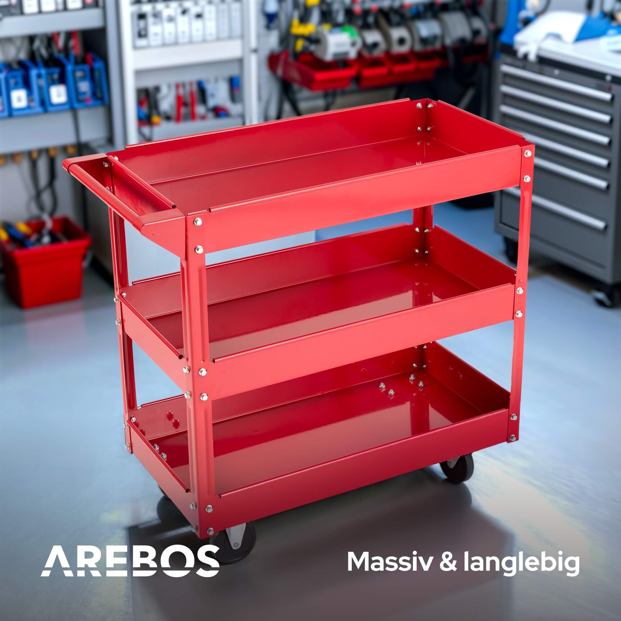 Arebos Werkstatt-Rollwagen | Montagewagen mit 3 Ablagefächern | bis 120 kg belastbar | robuster Werkzeugwagen aus Stahl | Mobile Transporthilfe mit 2 Lenkrollen | für Werkstatt, Garage & Hobbyraum