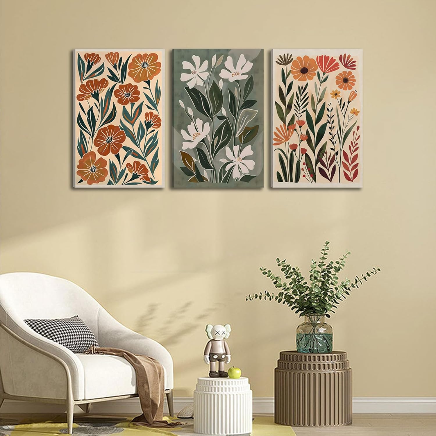 3pcs Abstract Boho Floral Canvas Wall Art Green Beige Flower Market Posters Prints Minimalist Colorful Botanical Wall Decor Pictures For Living Room Bedroom Office Home Decoration