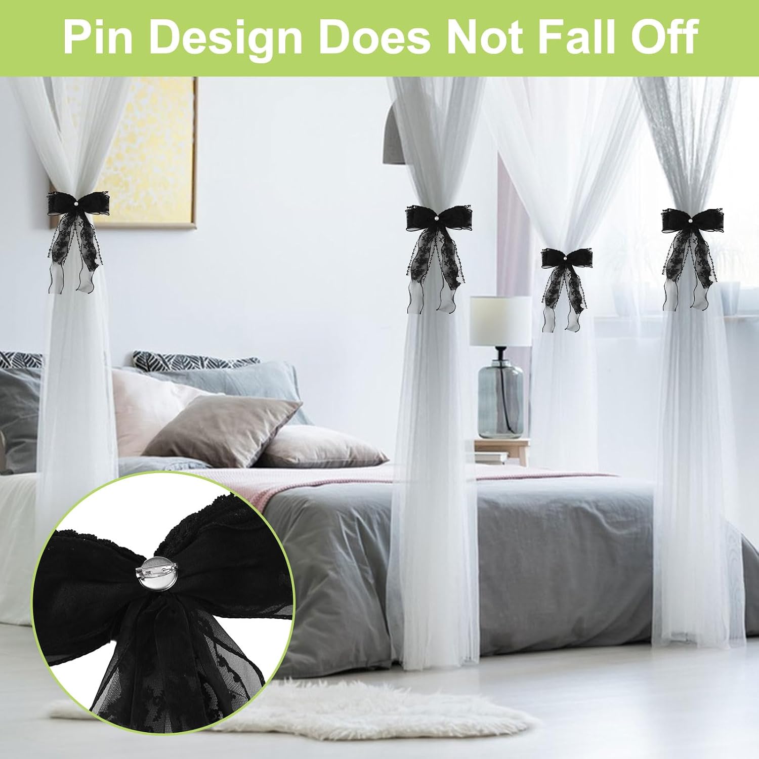 4Pcs Bow Curtain Tiebacks, Elegant Bow Butterfly Curtain Tiebacks with Pearls Sweet Lace Drapes Holdbacks Buckles for Home Decorative(Black)