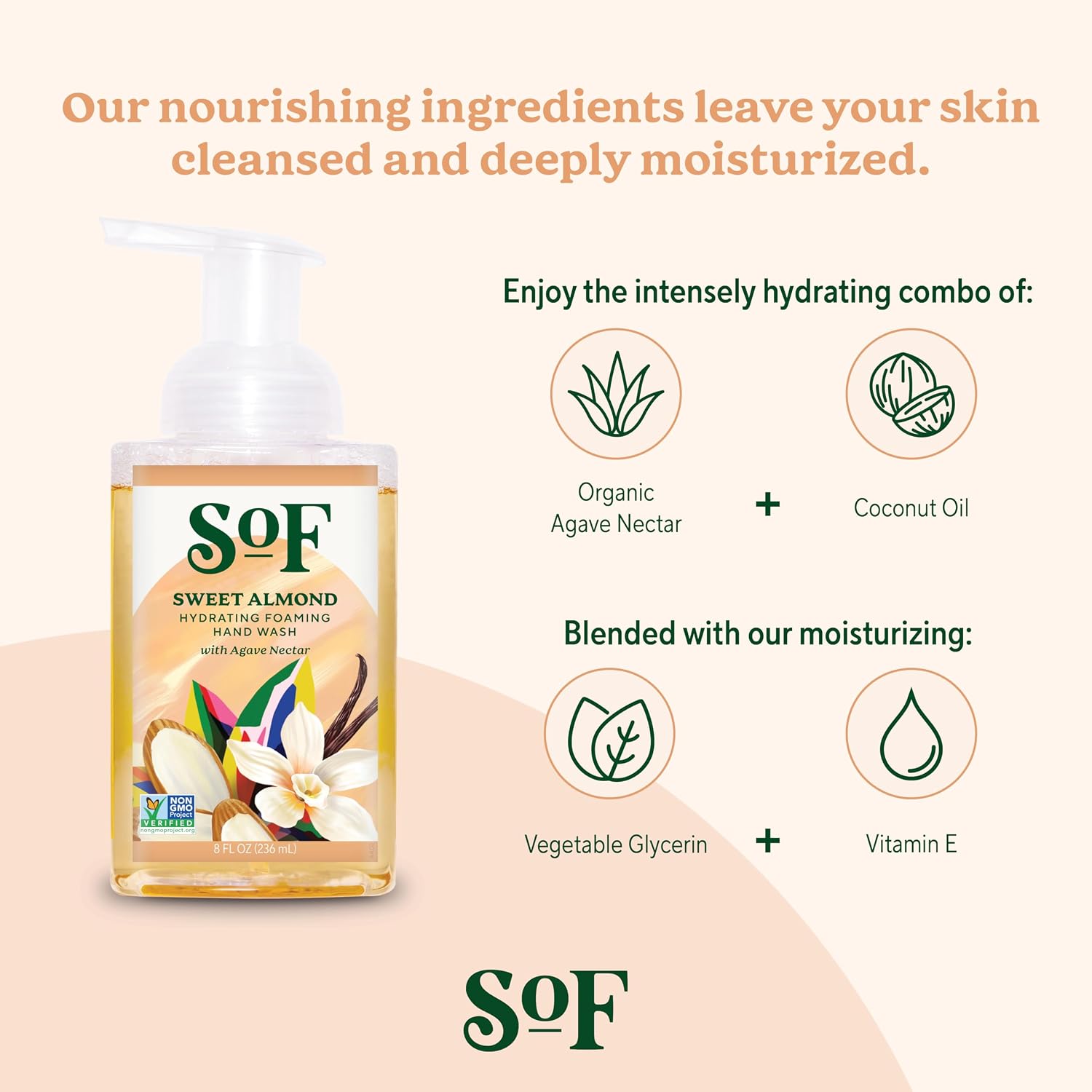 South Of France SoF Hydrating Foaming Hand Wash - With Organic Agave Nectar & Coconut Oil- Vegan & Non GMO- Free From Phthalates, Sulfates & Parabens- Sweet Almond - 8 oz Bottle 3 Pack