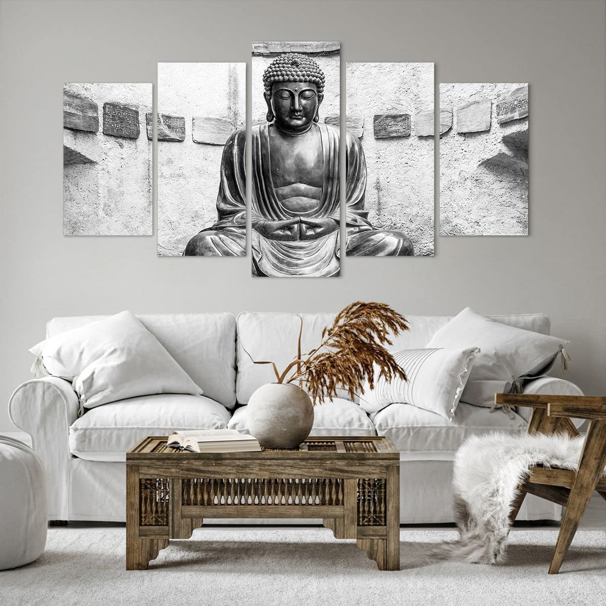 Lienzo Decorativo 160x85cm Tríptico Arquitectura Blanco y Negro - 4329 | japonés Buda Estatua Cuadro sobre Lienzo Grande Arte mural Decoración del Hogar Salón Dormitorio Oficina Cuadros de Pared