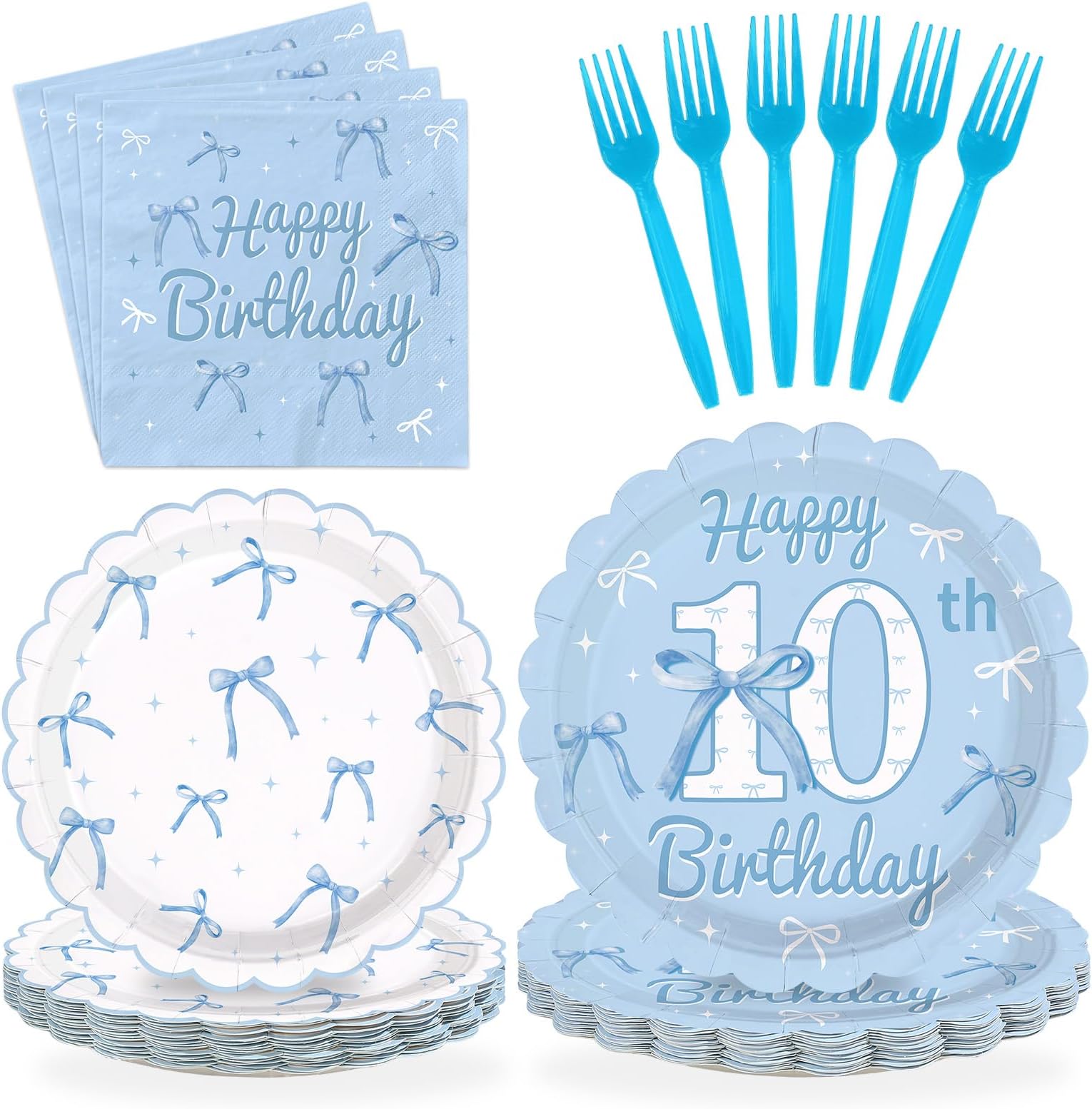 96Pcs Blue Bow 10th Birthday Party Decorations Blue White Happy 10th Birthday Scalloped Plates and Napkins Cute Bow Themed Tableware Set for Girls 10 Years Old Supplies Serves 24