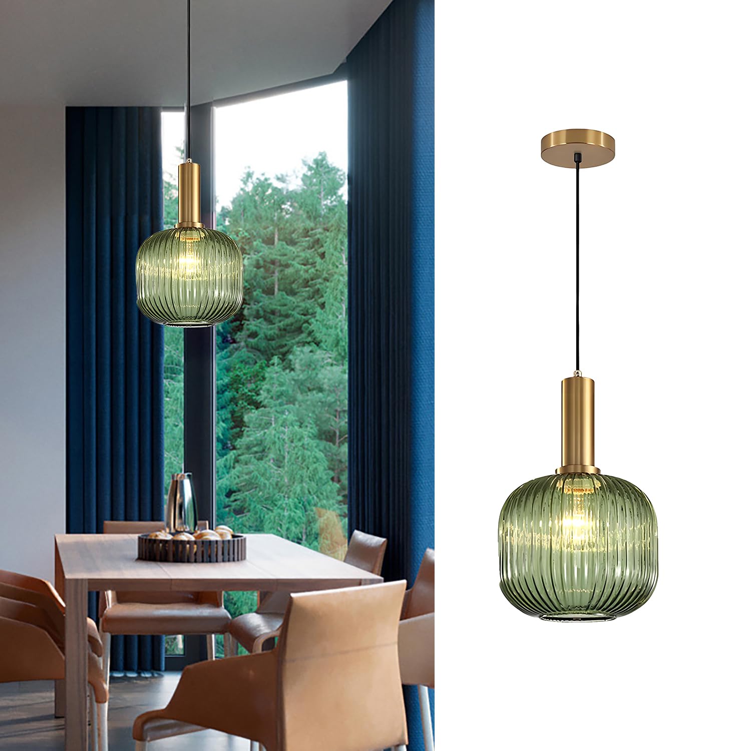 Tropibed Vintage Glass Pendant Light Fixtures Glass Pendant Ceiling Light for Kitchen Island Bedroom Dining Room Creative Glass Pendant Light Shade Retro Ceiling Hanging Lamp (Green, 20cm) — image 1