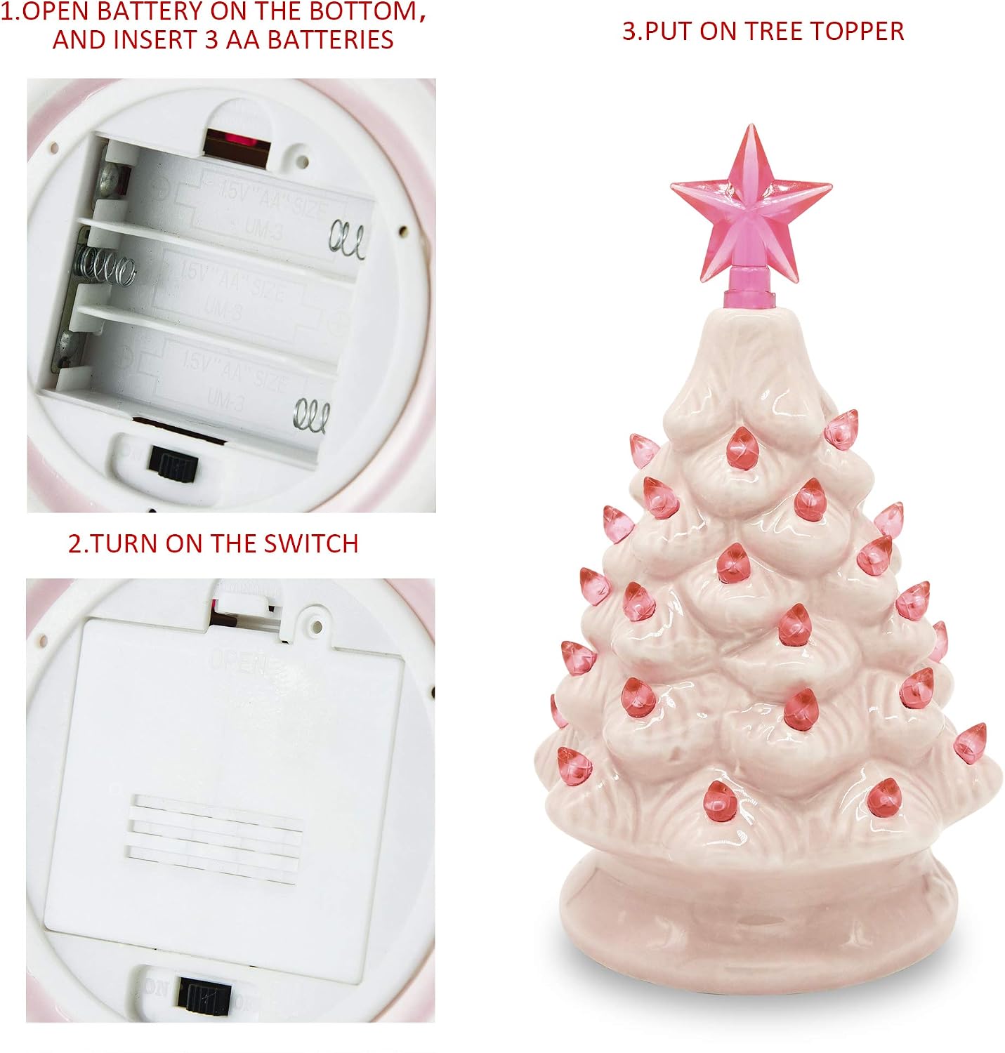 Joiedomi 7" Pink Ceramic Christmas Tree, Prelit Tabletop Christmas Tree with Extra Clear Top Star & Bulbs for Best Desk Decoration