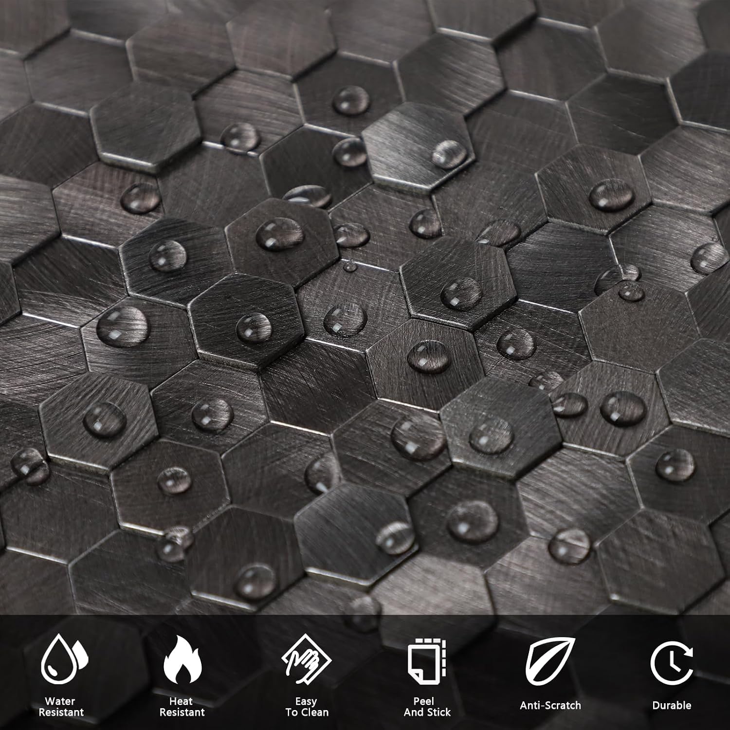 6-Sheet Peel and Stick Backsplash for Kitchen, 3D Mini Hexagon Metal Mosaic Self Adhesive Stick on Wall Tiles for Living Room Fireplace (Charcoal Grey,12”x12”)