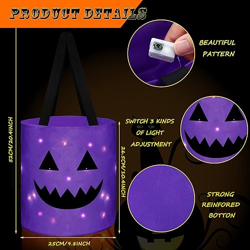 Miniatura 2 de Sadnyy 3 bolsas de Halloween con luz LED, cubo de calabaza, bolsas de Halloween iluminadas con cara de calabaza sonriente, bolsas de dulces