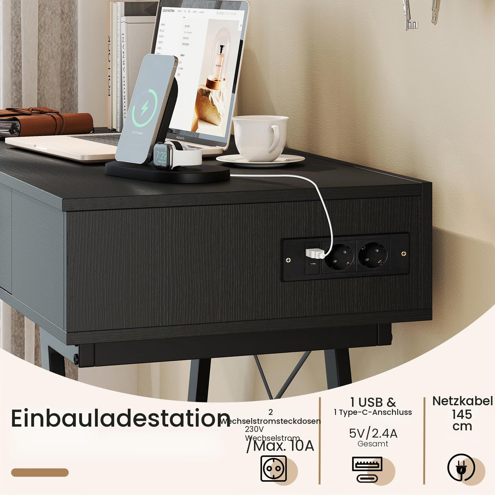 GIANTEX Schminktisch mit Spiegel, Kosmetiktisch mit Ladestation, Frisiertisch mit Schublade, 6 Aufbewahrungsfächern & Klappdeckel, Make-up-Schreibtisch mit Metallrahmen, Vanity Dressing Table, Schwarz