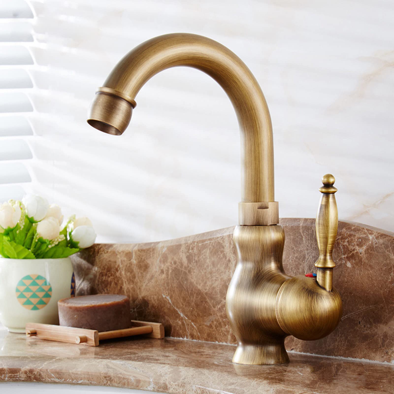 Nvsfzgiyg C Vintage Sink Faucet Bathroom, 360 Swivel Spout Antique Brass Old Hot Mixer Vanity Tap, Single Handle, (C)