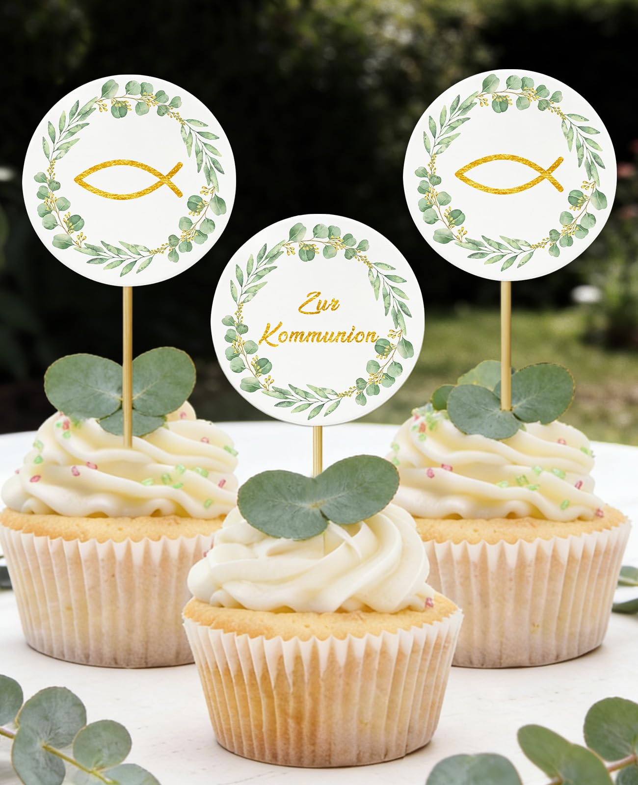 Cake Topper Kommunion, 24 Stück Fisch Eukalyptus Cupcake Torte Deko, Zur Kommunion Erstkommunion Tortendeko Junge Mädchen, Personalisiert Muffin Deko Party