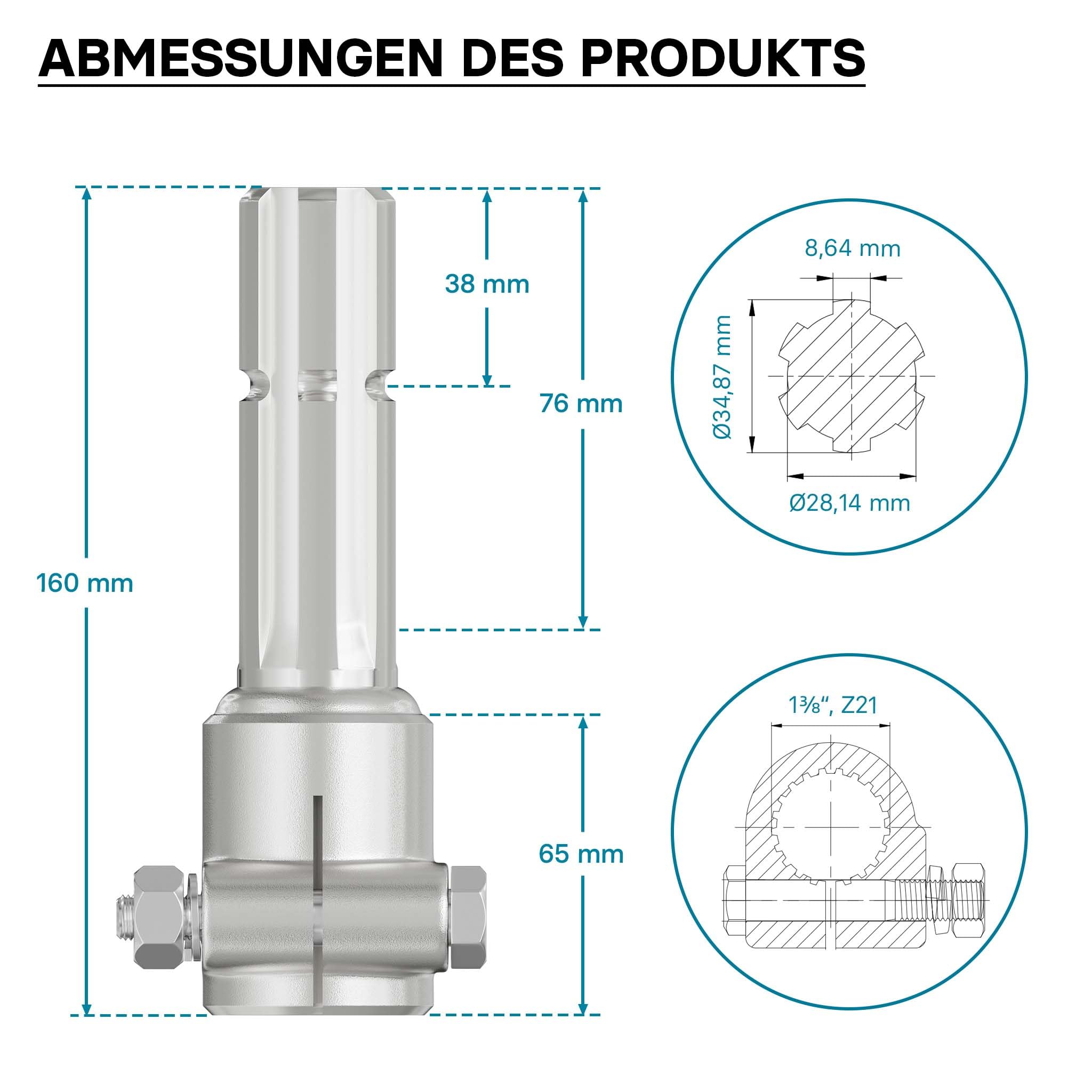 Wiltec Zapfwelle, PTO 160 mm Buchse mit Keilwellenaufnahme 1 3/8" Z21 für Ausgangswelle 1 3/8" Z6 Traktor