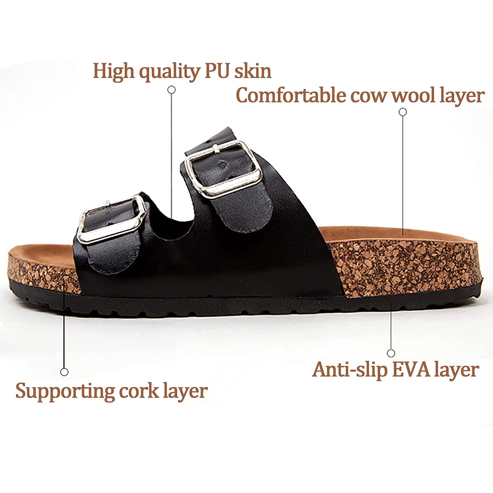 Dames Kurk Sandalen Open Teen Met Verstelbare Gesp - Vegan Leder Look, Luipaard Print, Comfortabele Platte Muilezels