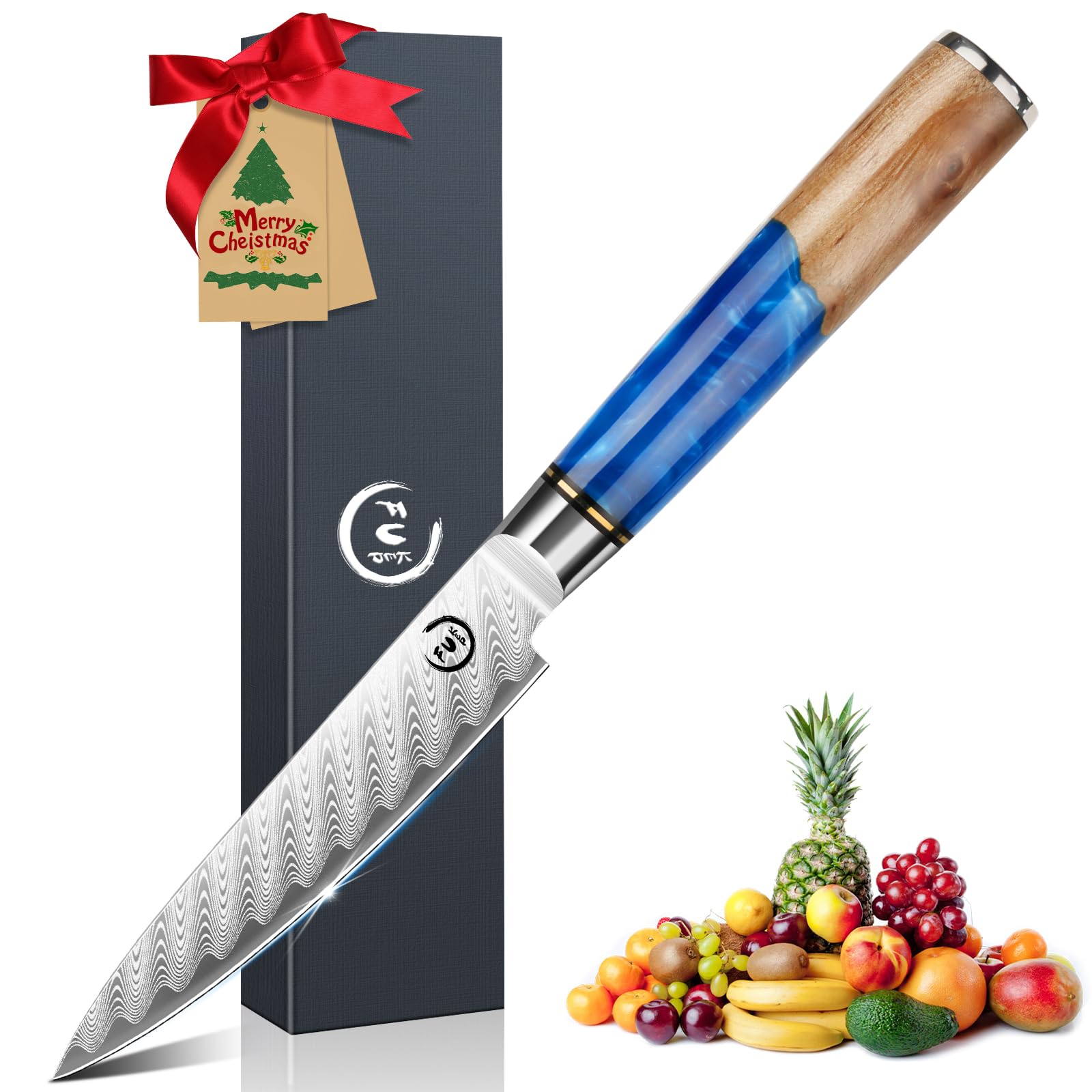 5 Inch Kitchen Utility Knife, Damascus Paring Knives,Japanese VG10 Steel Damascus Fruit Knife-Ergonomic Blue Resin Handle Ideal Birthday Gift for Men and Women