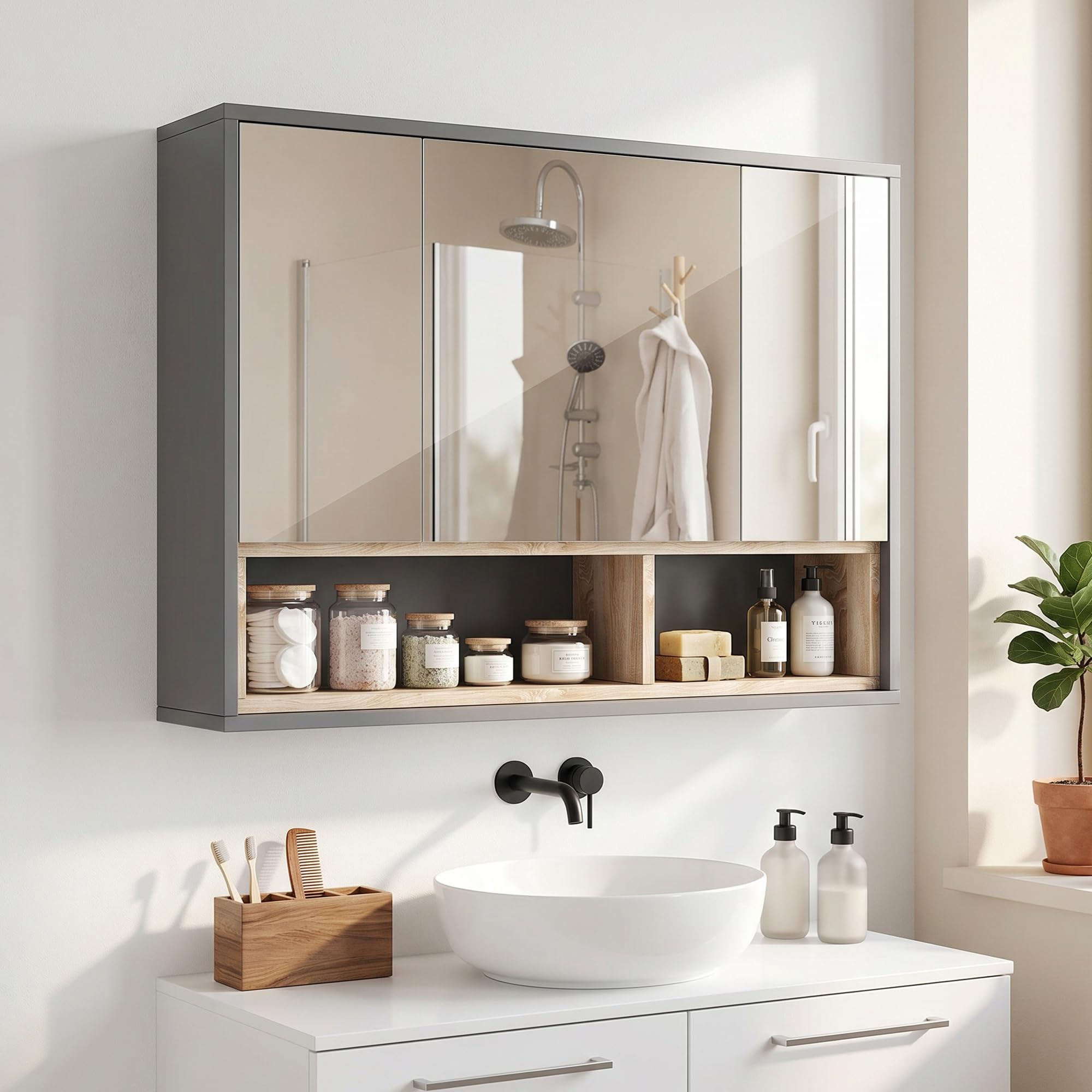 HOMCOM Szafka ścienna, szafka łazienkowa z lustrem wisząca, lustro łazienkowe ze schowkiem, 3-drzwiowe szafy i 8 przegródek, Słońce. 80L x 20 l x 60H cm, szary