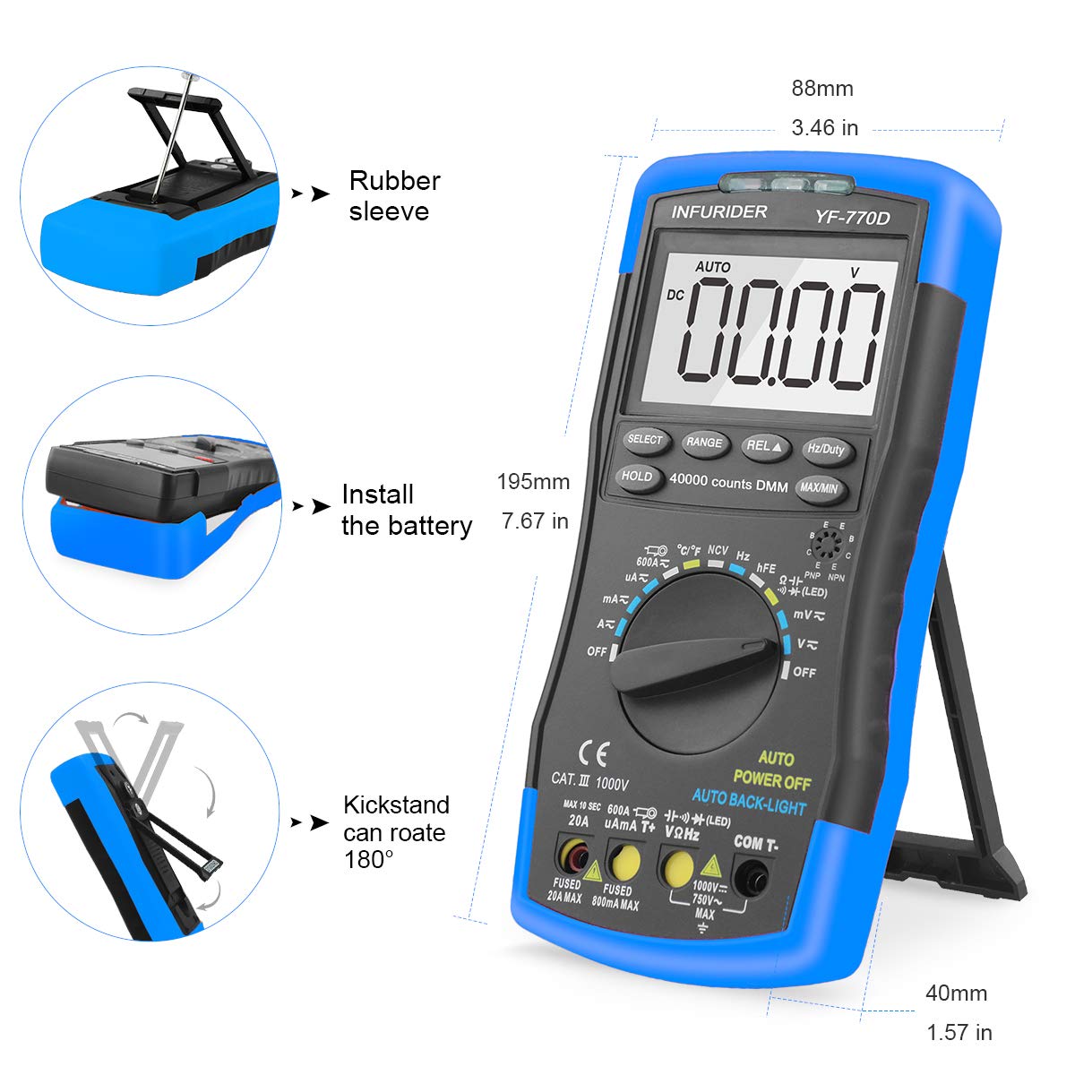 Multimetro Digitale YF-770D Pinza Amperometrica hFE Test di Tensione CC/CA, Corrente CC/CA, Resistenza, Capacità, Temperatura con Retroilluminazione Automatica e Display a 40000 Conteggi