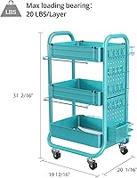 Vista 10 de DESIGNA 3-Tier Utility Storage Rolling Cart with Removable Pegboard & Extra Storage Baskets Hooks, Metal Craft Art Carts for Gift Home Office, Teal