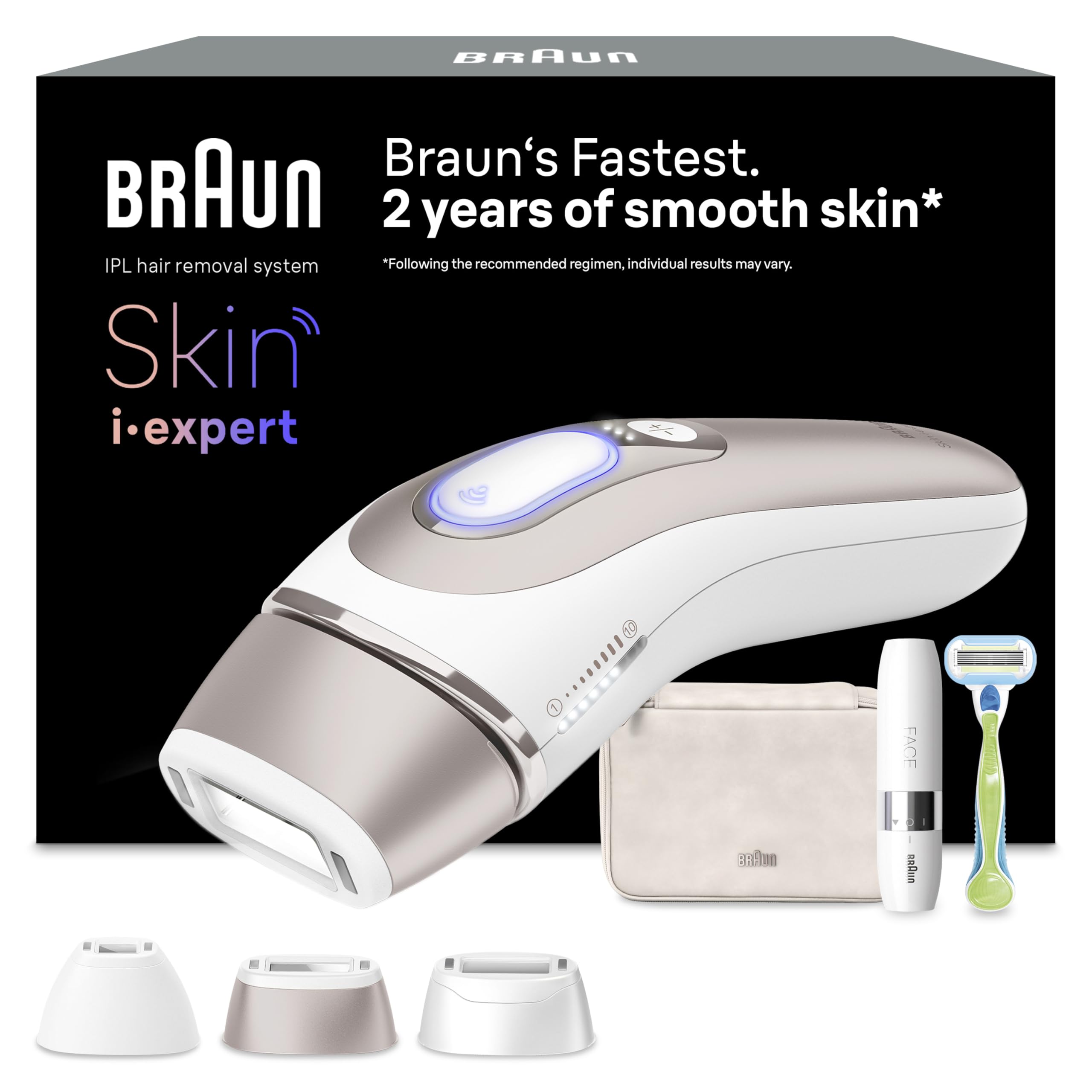 BraunSmart IPL Skin I Expert, at Home Hair Removal, Alternative for Laser Hair Removal, Smart IPL with Exclusive Free App, Mini Face Shaver, 3 Heads, 2 Years of Smooth Skin, PL7249