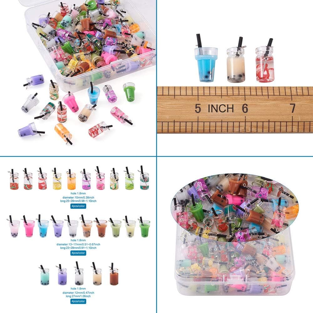 100pcs Glass Bottle Pendant Charms Cute Milk Tea Fruit Mini Glass Bottle Jars Dangle Charm Loose Beads with Resin Inside 27x12mm for DIY Bracelet Necklace Keychain Jewelry Making Hole:1.8mm