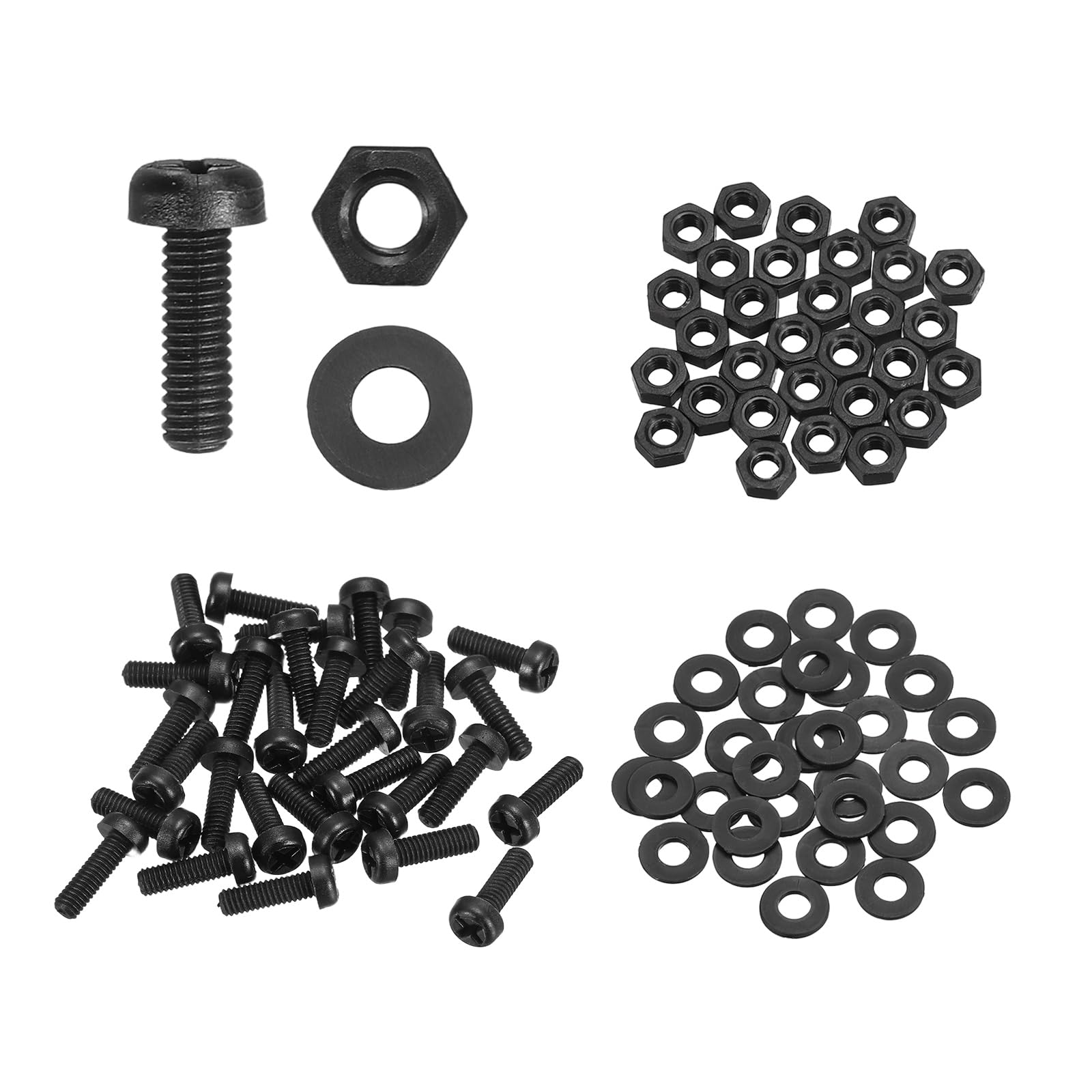 sourcing map 30 Set M2.5x8mm Nylon PA66 Plastic Cross Round Head Screw Phillips Bolts Hex Nuts Flat Washers Assortment Kit, Metric Full Thread Bolt Fasteners for DIY Machine Assembly, Black โ image 1