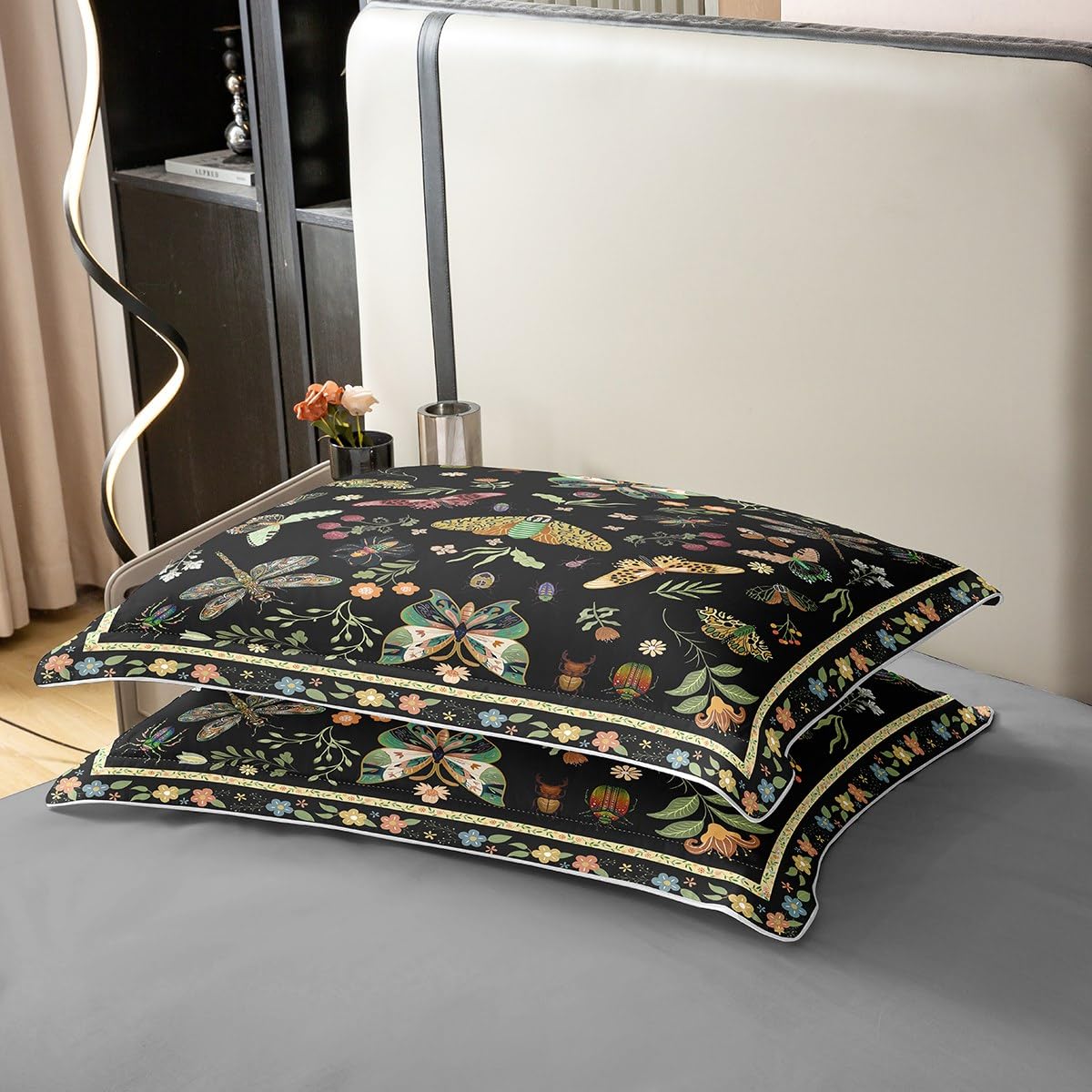 Homemissing Floral 100% Baumwolle Bettwäsche Set 135x200cm Jungen Mädchen Vinatge Botanischer Schmetterling Schwarz Bettbezug Für Kinder Retro Boho Blumen Bettwäsche-Set Blüte Dragonfly Grün
