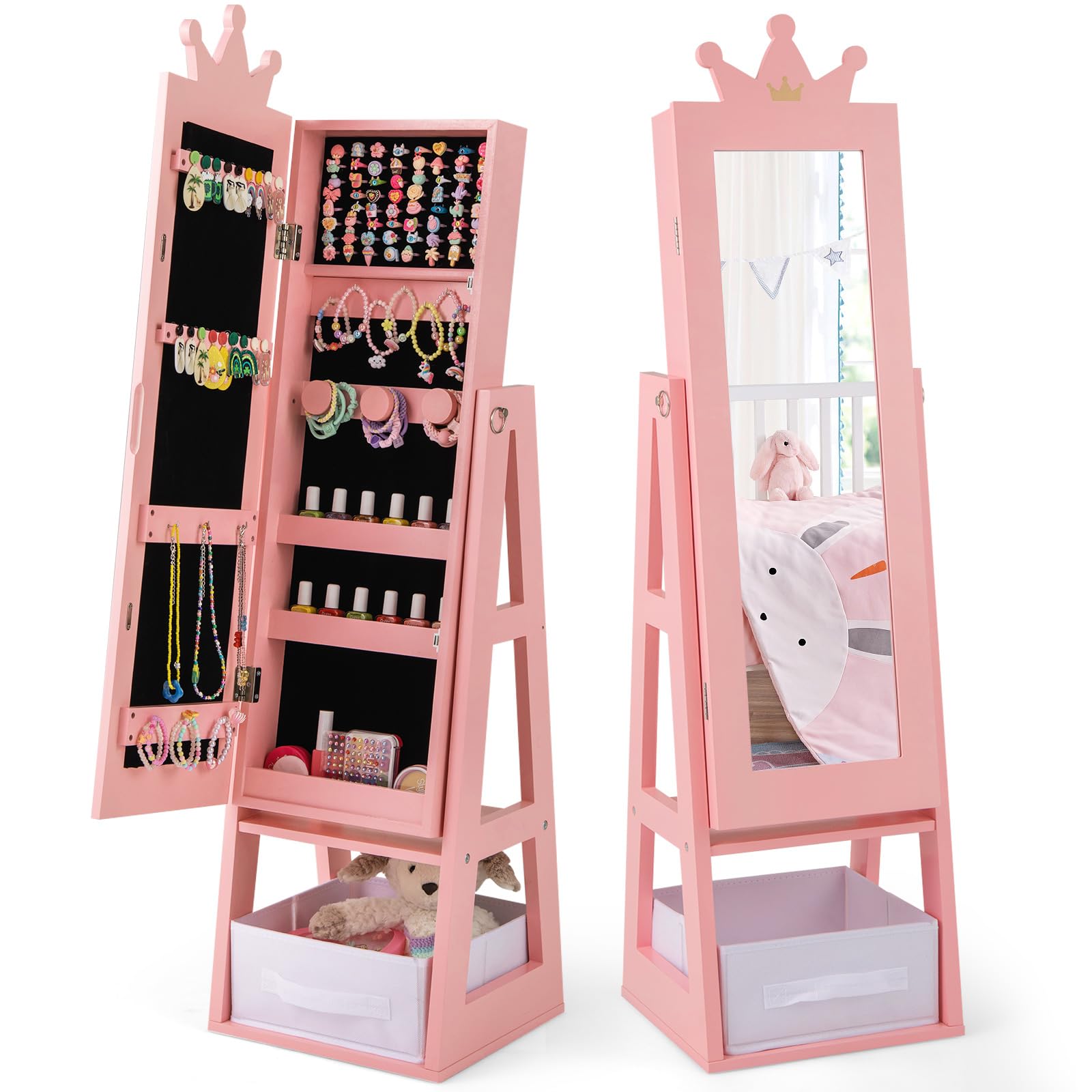 COSTWAY Kinder Schmuckschrank, 3 in 1 Spiegelschrank neigbar mit Ganzkörperspiegel & Aufbewahrungskorb, Schmuck-Organizer in Kronenform für Kinder ab 3 Jahren (Rosa)