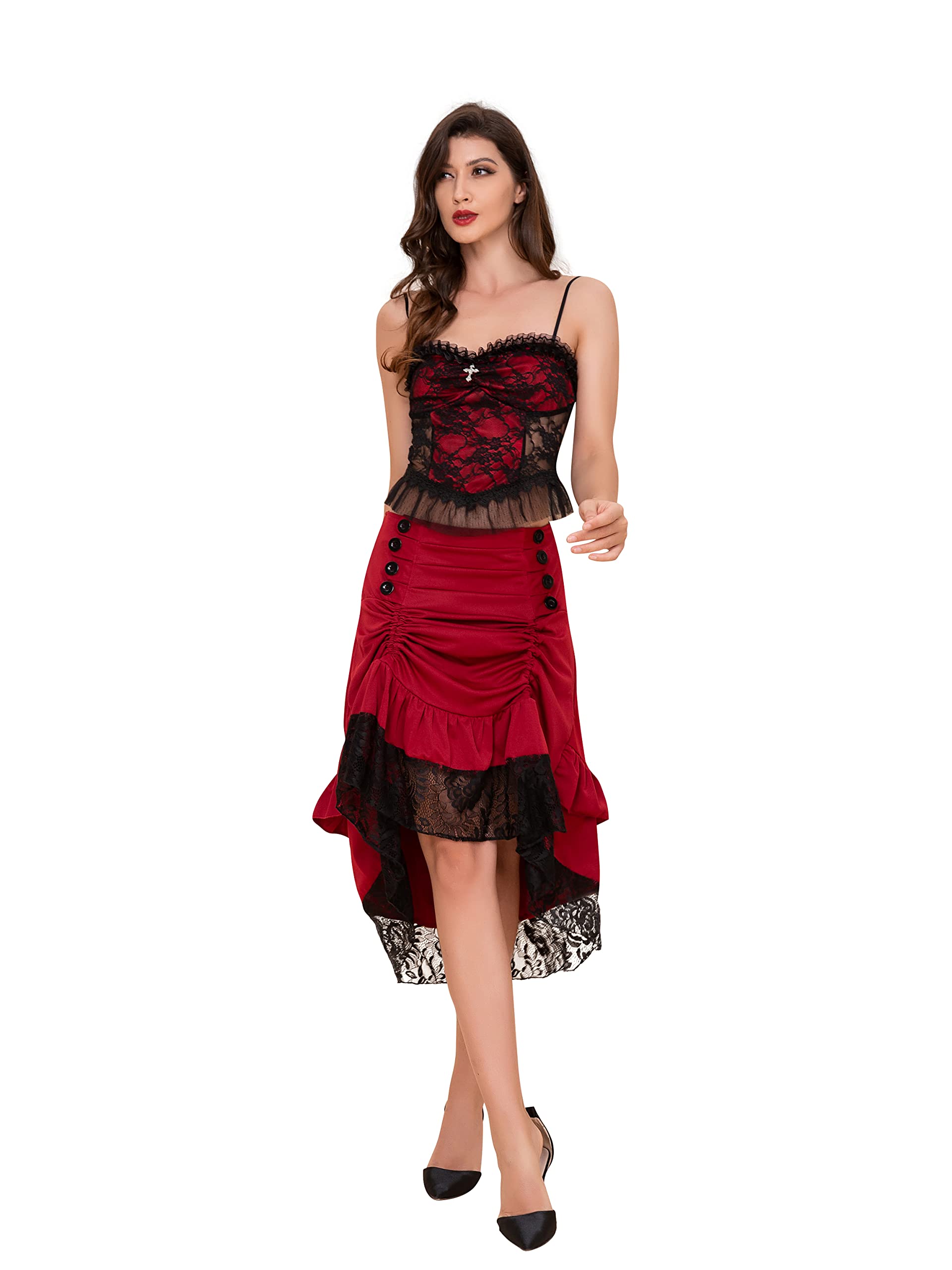 SUNGDOGINWomen Steampunk Victorian Renaissance Gothic Lace Ruffled Skirts