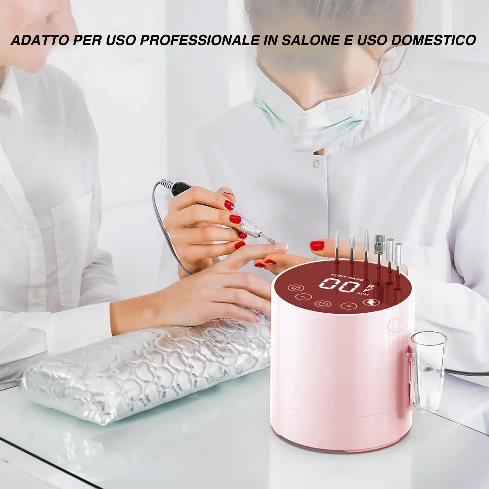 VOLTIX Fresa per Unghie Professionale 35000RPM - Lima Elettrica con Pedale, 6 Frese e Accessori Inclusi, Set Manicure e Pedicure Elettrico per Unghie Acriliche, Gel e Nail Art (Rosa)